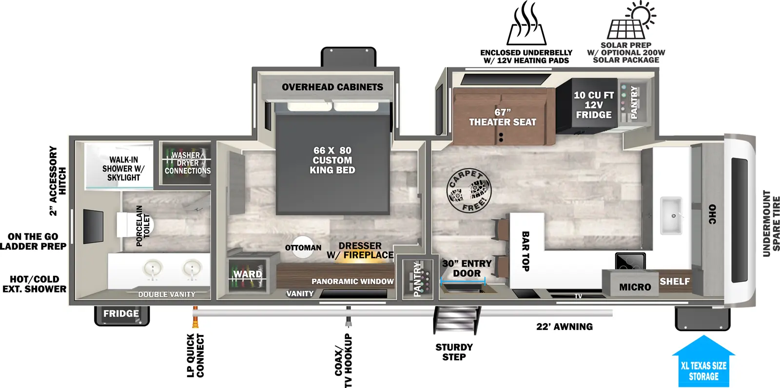 The Heritage Glen Travel Trailers 261FKRB has one entry and two slide outs. Exterior features include: fiberglass exterior and 22' awning. Interiors features include: front kitchen and rear bathroom.